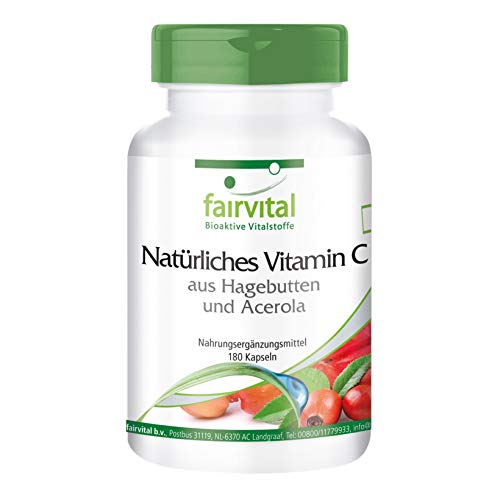 Natürliches Vitamin C Kapseln aus Hagebutte und Acerola - VEGAN - 180 Kapseln