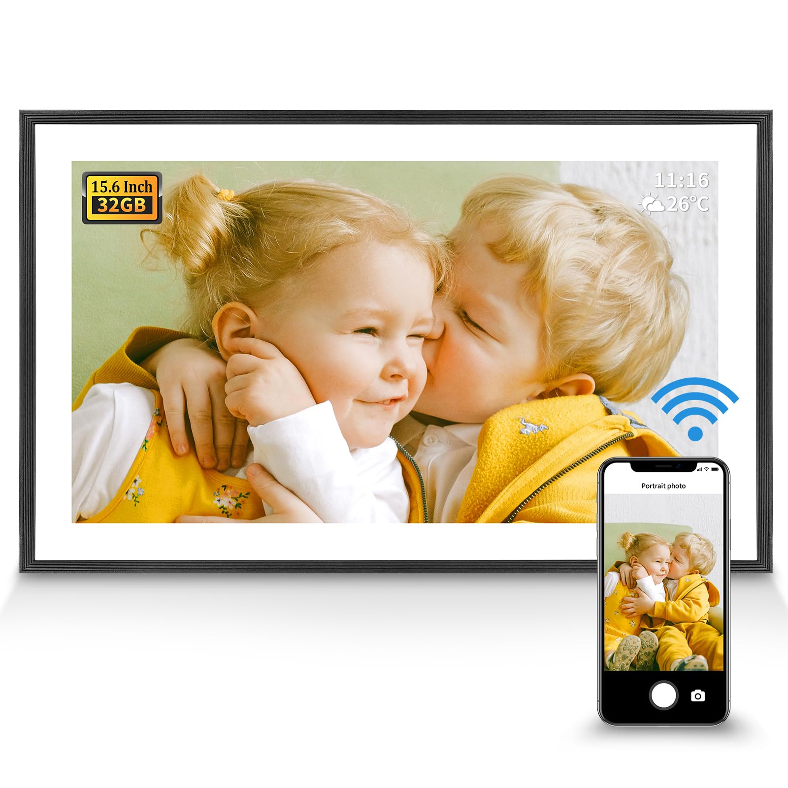 Digitaler Bilderrahmen 32G WiFi - 15,6 Zoll Digitaler Bilderrahmen mit Bewegungsmelder Kostenlose App Teilen Sie Fotos und Videos mit Touchscreen und zartem Holzrahmen von FLYAMAPIRIT