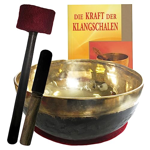 Klangschale Bengali gold-schwarz 4-teiliges Klangmassage-SET mit BUCH | Therapie-Qualität: JUMBO BECKENSCHALE | Ca. 4000-4200g ca. 33-35cm Ø #70158 | Mit Kissen, Holz-Leder-Klöppel.