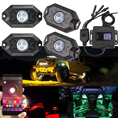 2nd-Gen RGB LED Rock Lights with Bluetooth Controller, Timing Function,Music Mode - 4 Pods Multicolor Neon LED Light Kit