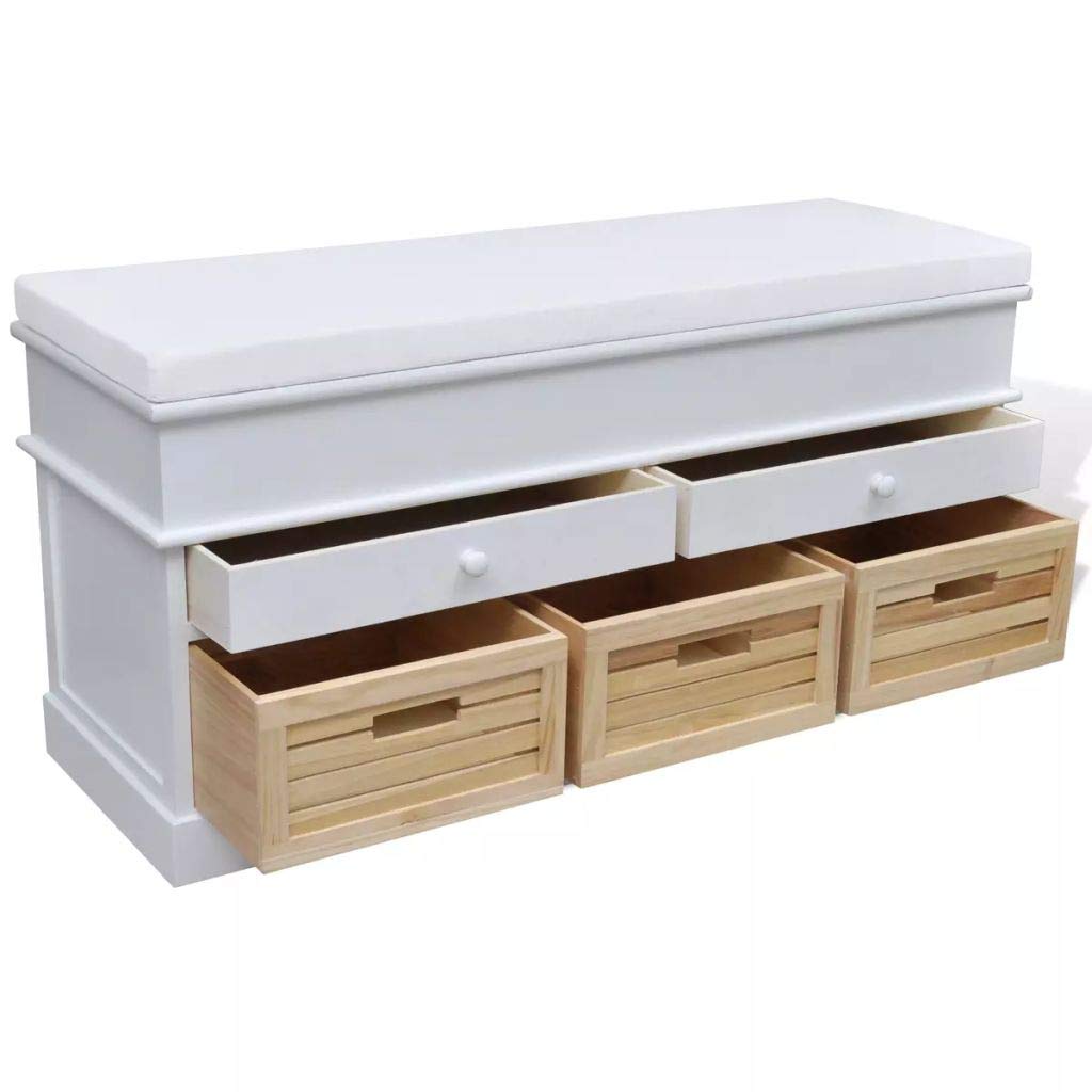 Tidyard Truhenbank Schubladenschrank Sitzbank mit 2 Schubladen und 3 Kisten, aus Paulownia Holz, 100 x 35 x 50 cm, Weiß