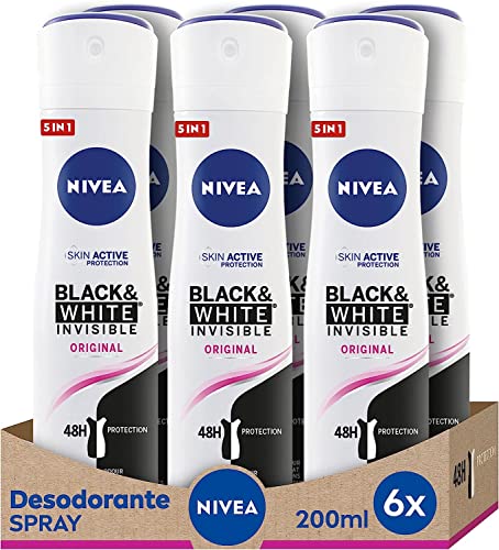 NIVEA Black & White Invisible Original Spray im 6er Pack (6 x 200 ml) Deodorant Flecken Damenpflege Unsichtbares Deodorant zum Schutz von Haut und Kleidung