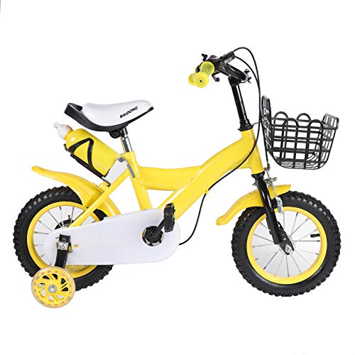 KOLHGNSE 12 Zoll Kinderfahrrad mit Stützräder und Korb Kinderrad rutschfeste Reifen für Kinder Junge Mädchen Kinderrad 3 Rad (Gelb)