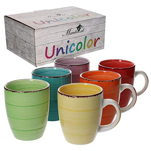 MamboCat 6-TLG. Kaffeebecher-Set Uni bunt Tee-Tasse groß Kaffee-Pott Trink-Becher Kakao-Milch rund 350 ml Geschirr Tafel-Zubehör Frühstück-Buffet