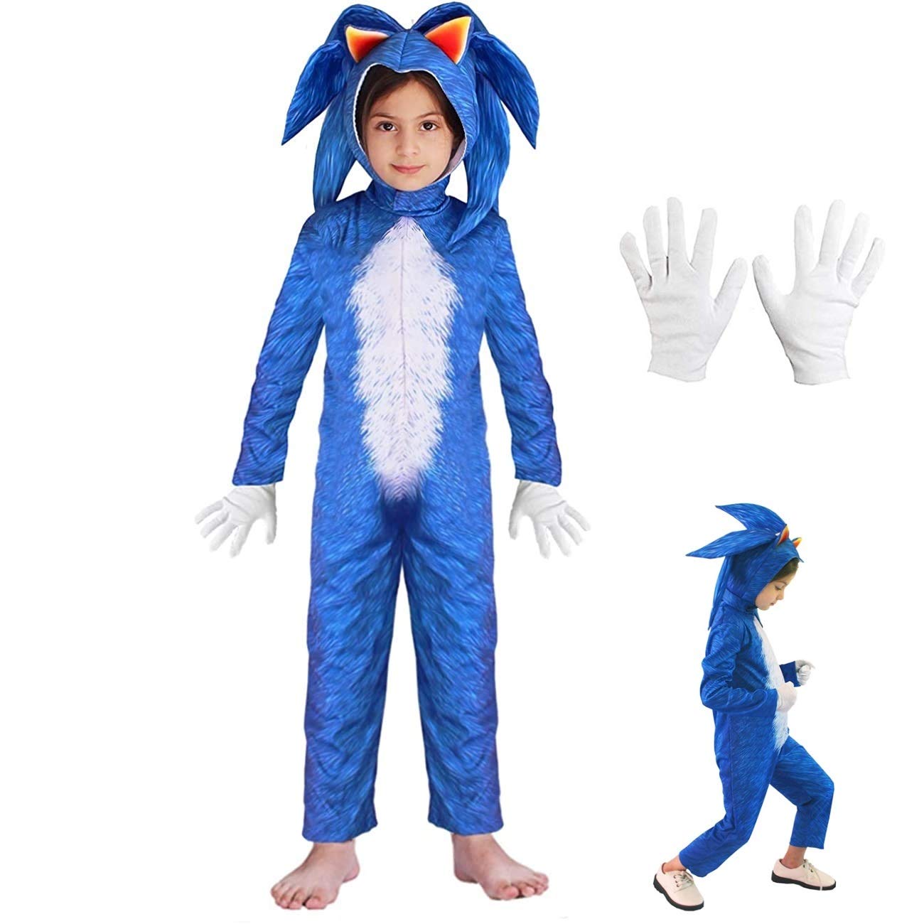 Luckybaby Kinder Mädchen Jungen KostümSonic Hedgehog Jumpsuit + Kopfbedeckung + Handschuhe Deluxe Outfit (Blau, 125-140cm)