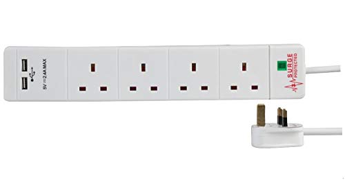 Pro Elec PEL00099 Verlängerungskabel mit 4-Fach Steckdose (für UK-Stecker), 2 USB-Anschlüsse, Überspannungsschutz, 5 m, weiß