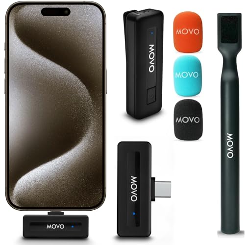 Movo Kabelloses Mini-UC-Ultrakompaktes kabelloses Lavalier-Mikrofon für iPhone 15 mit WMX-HM-Handadapter – Ansteckmikrofon mit Griffhalterung für Content-Creators, Interviews, Berichte und mehr