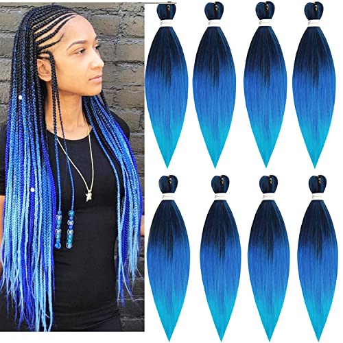 LDMY Ombré Blue Ombré-Haarverlängerung, vorgedehnt, synthetisches Haar, 66 cm, Yaki-Textur, 90 g/Stück, Ombré-Blau, 8 Stück
