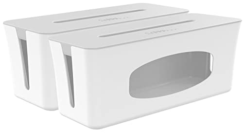 Callstel Kabel Halter: 2er-Set Kabelboxen groß, mit Smartphone- & Tablet-Ladesteckplatz, weiß (Boxen für Verlängerungskabel)