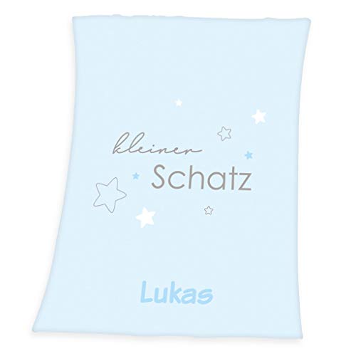 Wolimbo Flausch Babydecke mit Namen und Kleiner Schatz hellblau - personalisierte/individuelle Geschenke für Babys und Kinder zur Geburt, Taufe und Geburtstag - 75x100 cm