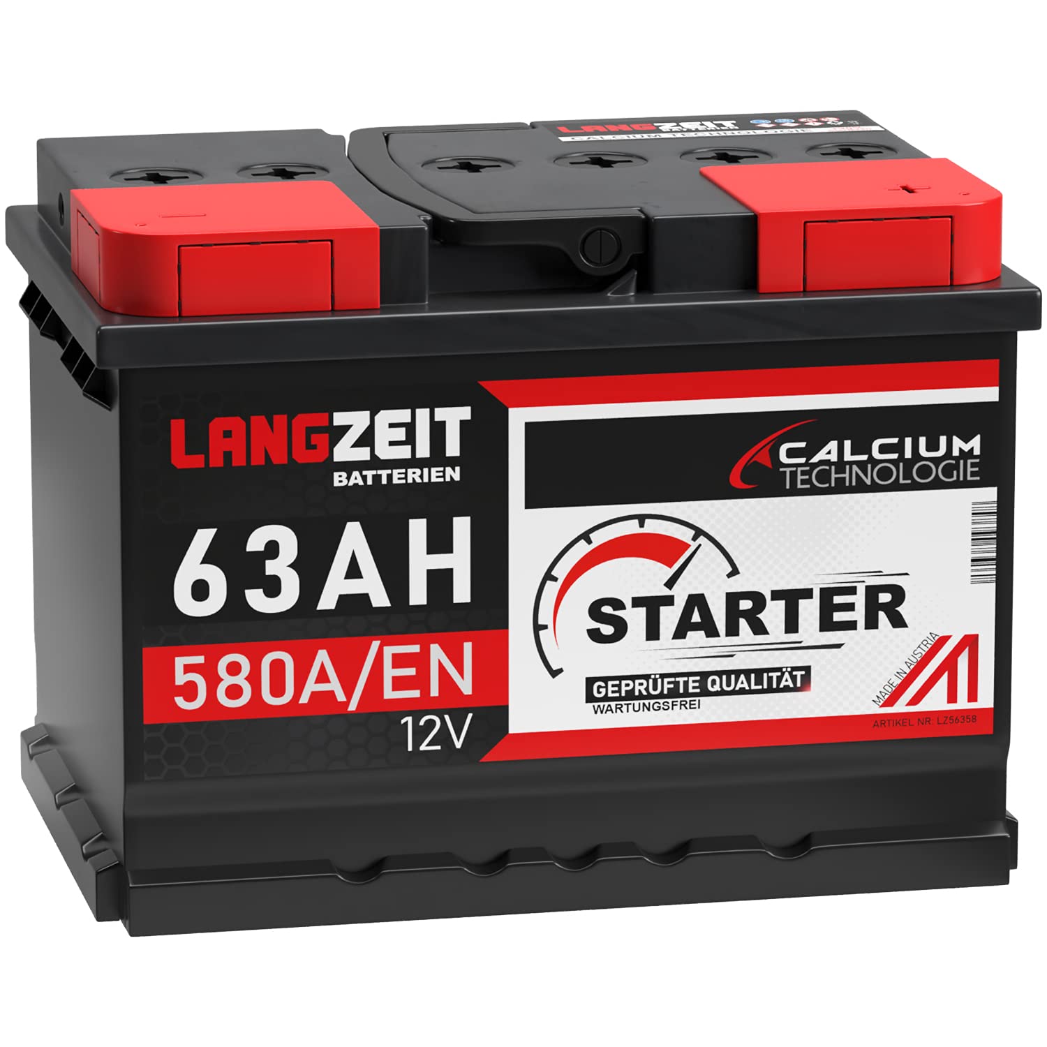LANGZEIT Starter Serie 12V 44Ah - 105Ah Autobatterie Starterbatterie, KFZ PKW Batterie (63Ah)