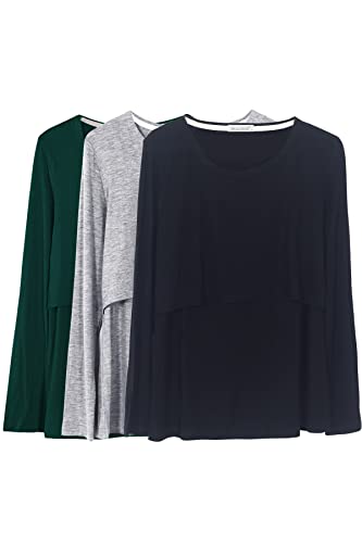 Smallshow Damen Langarm Schwanger T-Shirt Umstandsshirt Umstandstop Schwangerschaft Kleidung 3 Pack,Black/Grey/Deep Green,M