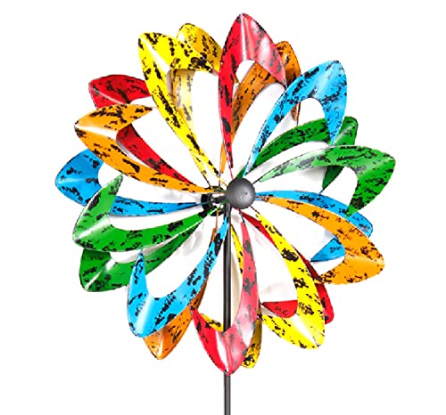 XXL Doppel Windrad bunt Windspiel Antik Kupferfarben oder Multicolor aus Metall Höhe ca.140cm oder 210cm ca. Ø 38cm oder 62cm tolle Gartendekoration, Farben:Mehrfarbig, Größen:H210cm Ø62cm