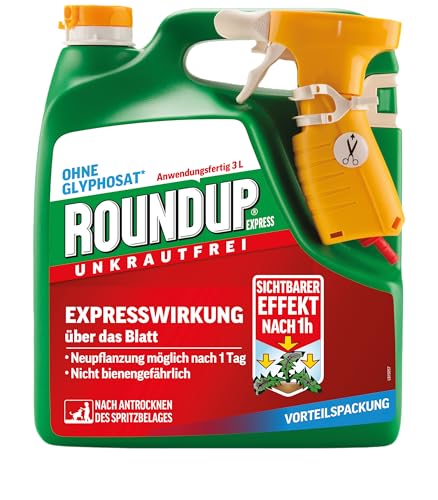 Roundup Express Unkrautfrei, Anwendungsfertiges Spray zur Bekämpfung von Unkräutern, Gräsern und Moos, 3 Liter Sprühsystem