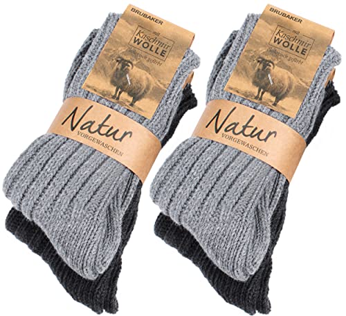 Brubaker 4 Paar Unisex Grobstrick Socken mit 48% Schafswolle und 40% Cashmere Anteil Grau Gr. 47-50