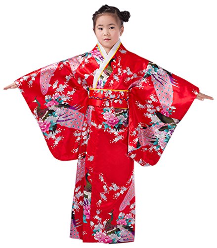 Yue Lian M?dchen Blumen&Pfau Kimono mit Obi-G¨¹rtel Cosplay Yukata Japanisch (H?he:140-150cm, Rot)