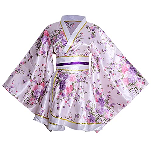 HUAHUA Damen Sexy kurzes Kimono-Kleid mit Blumendruck, japanischer traditioneller Geisha-Yukata-Bademantel, Rock, Gürtel-Outfit (D02-Weiß, Einheitsgröße)
