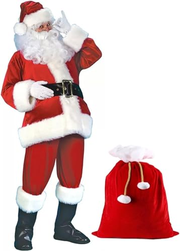 Weihnachtsmann-Kostüm for Herren, Erwachsene, Weihnachtsmann-Outfit, Rot, Deluxe, 11-teilig, Weihnachtsmann-Anzug-Set, Weihnachtsanzug inklusive weißem Bart, Mütze, Handschuhen, Schuhüberzügen und meh