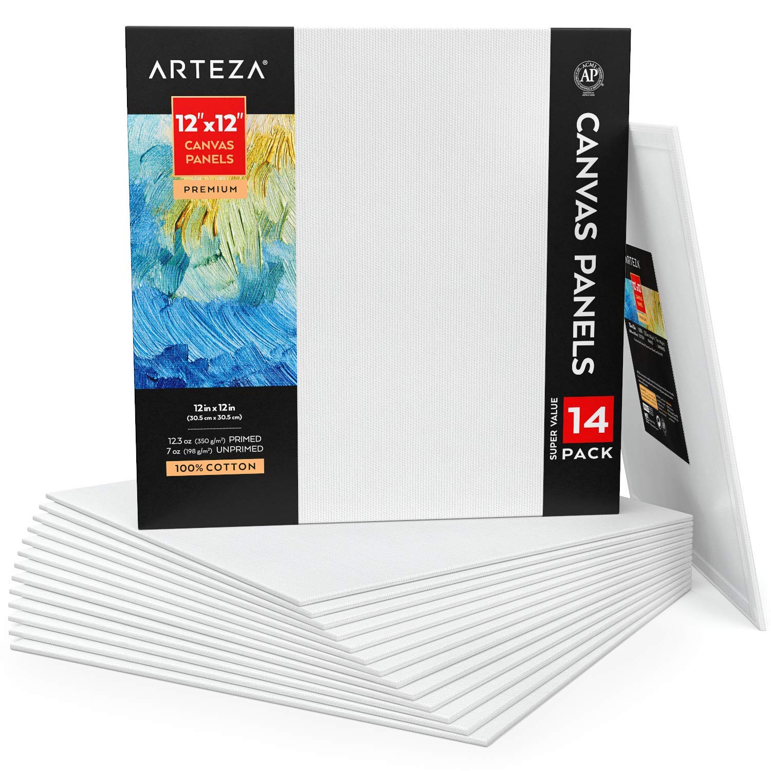 Arteza Malkarton 14er-Pack, weiße Leinwand 30.5 x 30.5 cm, 100% Baumwolle, grundierte Malpappe 350 g/m², für Acrylfarben, Ölfarben und Nass-Art Medien, Leinwände für Künstler & Hobbymaler