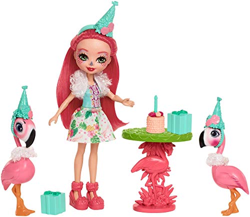 Mattel Enchantimals FCG79 - Themenpack Partyspaß mit Flamingomädchen Fanci Flamingo Puppe und zwei Tierfreunden