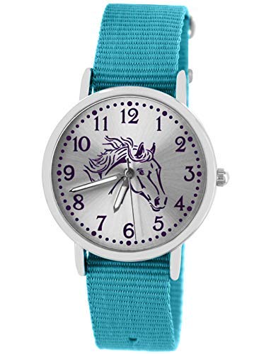 Pacific Time Mädchen Uhr Pferde analog Quarz mit Textil Wechselarmband hell blau 10308