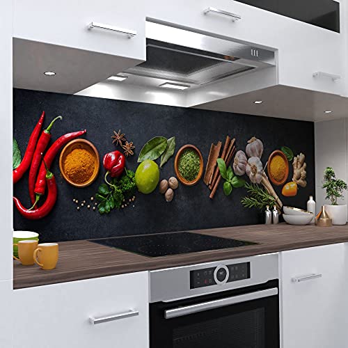 OneWheel | selbstklebende Küchenrückwand | 80x60 cm harte PVC Folie | Wandtattoo für Fliesenspiegel Design Gewürze grau | Motiv: Gewürze