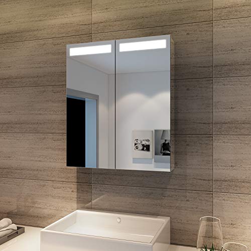 ELEGANT Led Spiegelschrank mit Beleuchtung 60 x 70 cm Infrarot Sensorschalter Badezimmerspiegel 2-türig Badschrank mit Rasierersteckdose