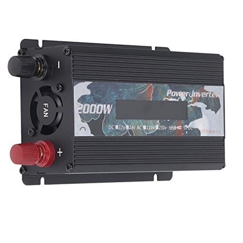Oumefar Auto-Wechselrichter, DC zu AC Schnelle Wärmeableitung LCD-Anzeige 2.0 USB-Anschluss Solar-Sinus-Auto-Wechselrichter 2000 W für Autoreisen und Camping (Schwarz)