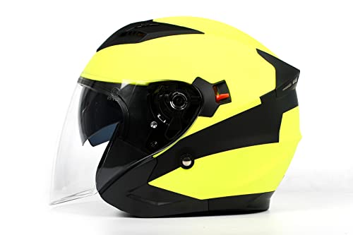 BHR Helm Jet Doppelvisier 809 DOUBLE | Helm Scooter ECE geprüft | Helm Moto Jet mit Doppelvisier Anti-Kratz, 4 Belüftungspunkte & mikrometrischer Verschluss | COOL LINE GELB | M