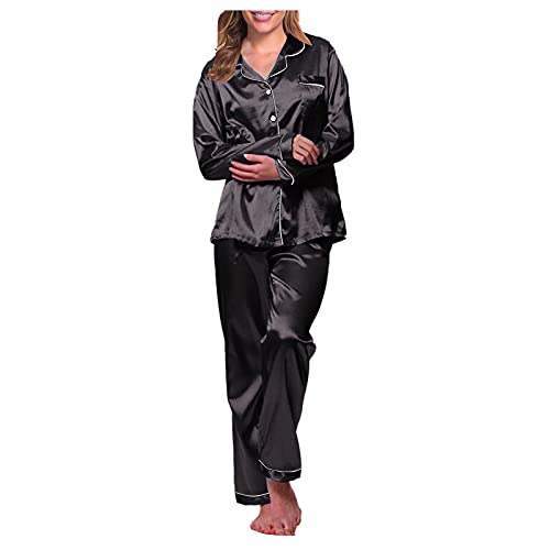 Schlafanzug Damen Lange Satin Button-Down Revers Pyjama Nachtwäsche Set Sexy Lose Pyjamas Nachthemd Homewear (schwarz, XXL)
