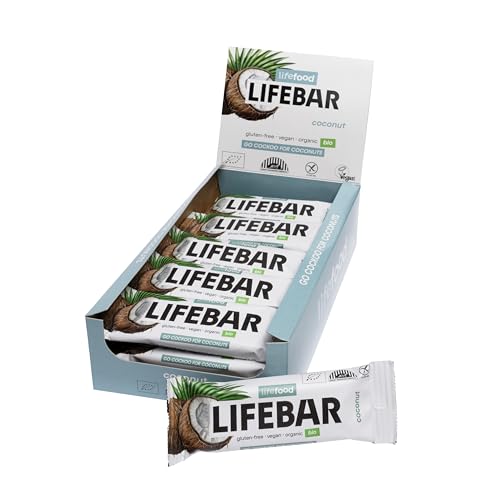 Lifefood Lifebar Energieriegel, Vegan Sportriegel, Riegel BIO Vegan, Glutenfrei, Laktosefrei, Ohne Zuckerzusatz, Biologisch angebaut - 15er Pack (15 x 40 g) (Kokosnuss)