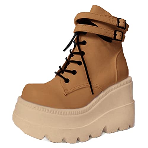 Plateau Stiefel für Frauen Chunky Wedge Heel Round Toe Spring Autumn Non-slip Combat Boots Schnüren Reißverschluss High Heel Dicke Stiefeletten