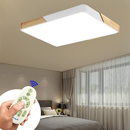 BRIFO 72W LED Holz Deckenlampe Dimmbar, Deckenlampe für Flur,Wohnzimmer, Küche,Büro, Energie Sparen Licht,Dimmbar (3000-6500K) Mit Fernbedienung (72W Weiß Dimmbar)
