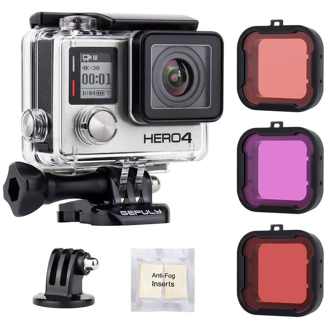 GEPULY Wasserdichtes Standard-Gehäuse mit Tauchfiltern für GoPro Hero 4, Hero 3+, Hero3 Action-Kameras – 40 m Unterwasserfotografie – mit roten, hellroten, magentafarbenen Filtern