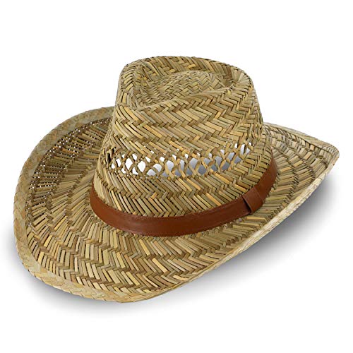 fiebig Australier Strohhut für Damen & Herren | Luftiger Cowboyhut aus Stroh | Westernhut mit Kunstlederband & Einfass (58-L, Natur)