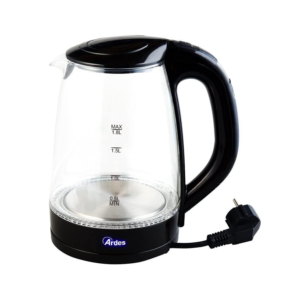 ARDES – AR1K47 Wasserkocher aus Borosilikatglas – elektrischer Wasserkocher mit Fassungsvermögen 1,8L mit automatischem Stopp – kabelloser Wasserkocher mit 360°-Drehbasis – Wasseraufgüsse, Tee