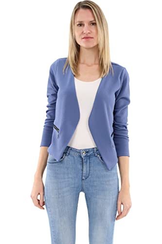 Malito Damen Blazer ohne Kragen | Sakko im Basic Look | Kurzjacke mit Zipper 6040 (Jeansblau L)