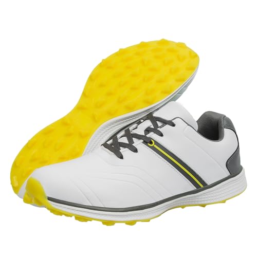 Unisex Golfschuhe, Spikeless Golf Sneaker Für Herren Und Damen Für Das Training, Leichte, rutschfeste Golfschuhe Für Männer Und Frauen in Den Größen 39–47 (White&Yellow,41)