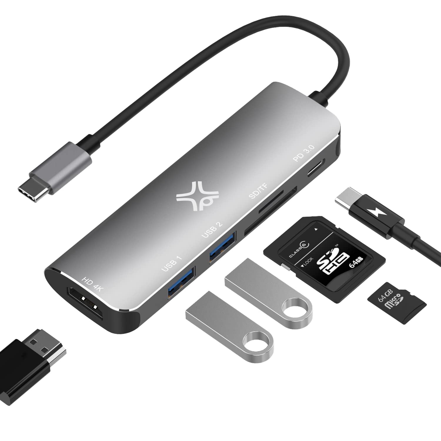 XtremeMac Hochleistungs-USB-C Hub für MacBook, USB 3.0, SD/Micro-Kartenleser, 4K HDMI & Type-C PD. Kompatibel mit SD, SDHC, SDXC Speicherkarten, Space Grey