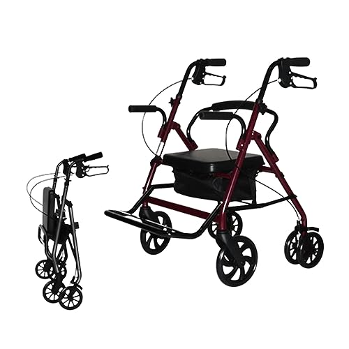 Premium faltbarer Rollator mit Sitz, leichter faltbarer Rollator, mit Rückenlehne und abnehmbarer Fußstütze, belastbar bis 100 kg, für Senioren (Wine Red six wheels)