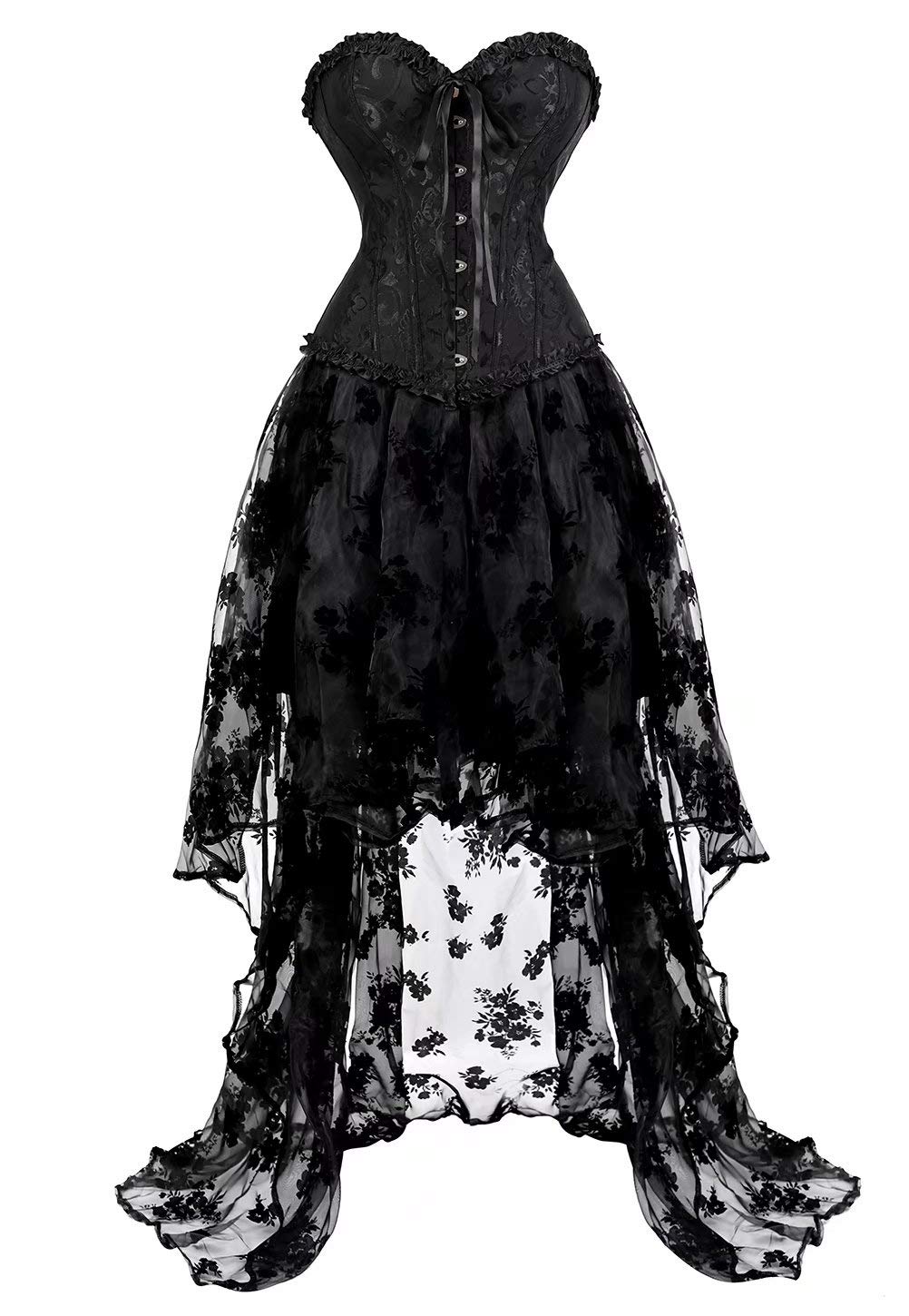 Josamogre corsagenkleid set kleid corsage bustier korsett kleider elegant spitze lang asymmetrisch rock tüllrock viktorianisch Schwarz 4XL
