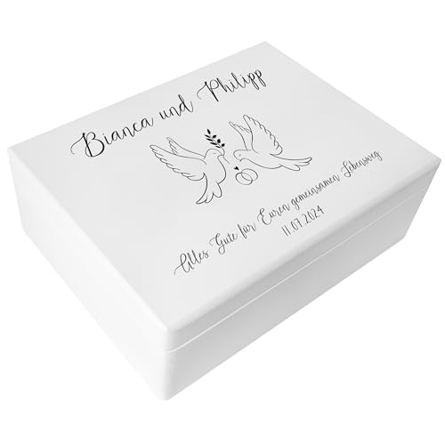 Creative Deco Weißes Geschenk zur Hochzeit | Erinnerungsbox Hochzeit | 40 x 30 x 14 cm | Personalisierte Geschenkkiste für Brautpaar | Tauben Taubenpaar | Holzkiste mit Deckel
