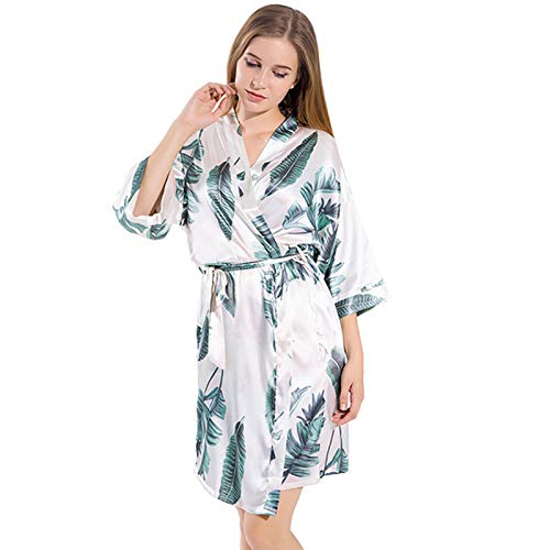Damen Kimono Roben Morgenmantel, Seide Robe V-Ausschnitt Kimono lose Nachtwäsche Print Bademantel Leichte Nachtwäsche Damen Morgenmantel Weiß-L