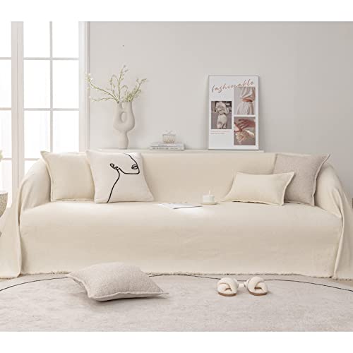 KAISUN Sofaüberwurf Decke Großer Couch Überwurf Sofa Cover, Vielseitige Tagesdecke mit Dekorativen Quasten, Sofa Abdeckung Handtuch (Color : Beige, Size : 180x400cm)
