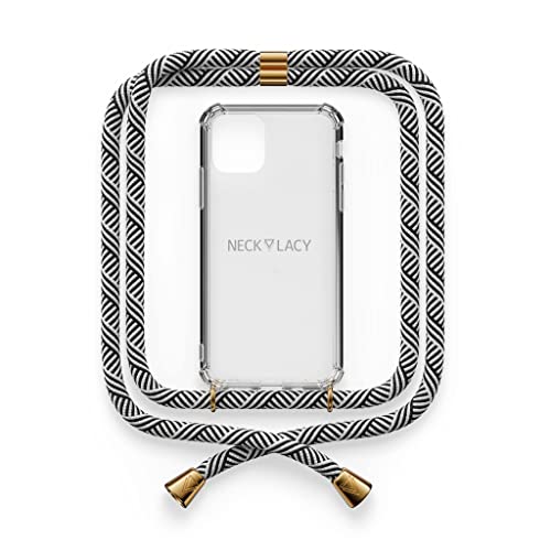 NECKLACY® - Die Premium Handykette für Apple iPhone 13 Mini in Domino Swirl | transparente Handyhülle mit hochwertiger Kordel zum Umhängen - Smartphone Crossbody Case