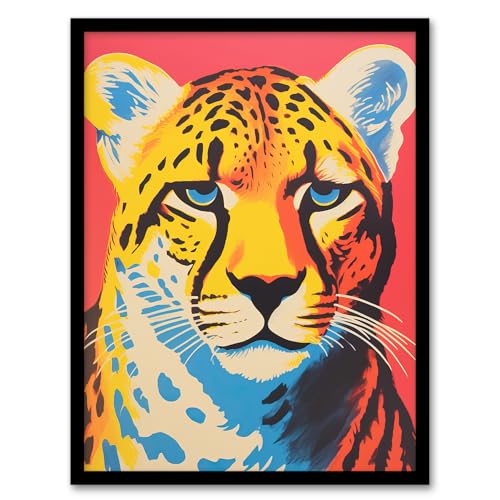 Modern Cheetah Duotone Coral Yellow Orange Bright Risograph Artwork Painting Artwork Framed Wall Art Print A4