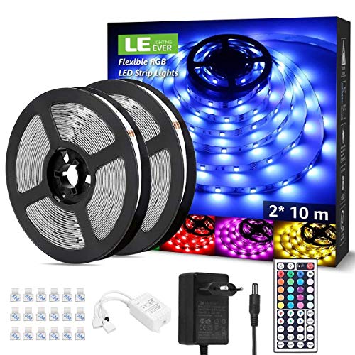 Lepro 20M LED Strip Set (2x10M), RGB LED Streifen Band, 5050 SMD LED Stripes, 12V, Selbstklebend Lichtband mit 44 Tasten Fernbedienung, Flexibel LED Leiste, LED Lichterkette IP20 für Haus,Party,Bar,TV