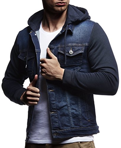 Leif Nelson Herren Sweat-Jacke Denim Vintage Jeans-Jacke für Männer mit Kapuze Slim-Fit Langarm Freizeit Hoodie verwaschen Casual LN5615 Blau Medium