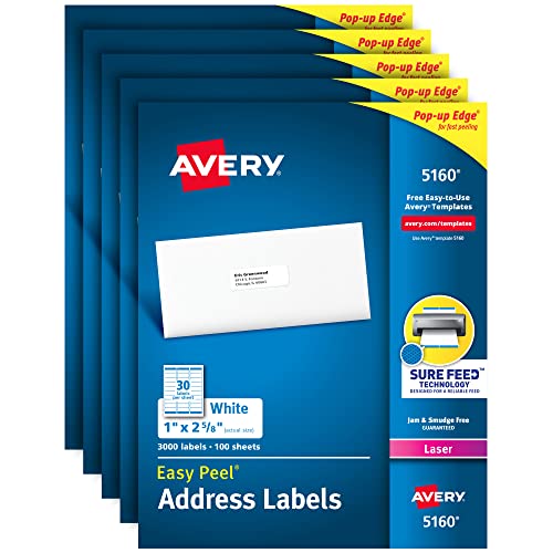 Avery Adress-Etiketten mit sicherem Zufuhr für Laserdrucker, 1 Zoll x 2-5/8 Zoll, 15.000 Etiketten – ideal für FBA Etiketten (5 Packungen 5160)