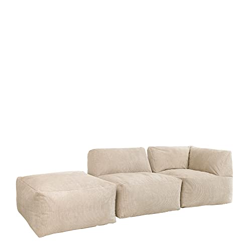 Icon Tetra Sitzsack, modulares Ecksofa, 3er-Set, Eck-Sitzsack, Liegesessel, Sitzpuff, feines Cord-Sitzsack, Beige, großes Sitzsack-Sofa für Erwachsene mit Füllung